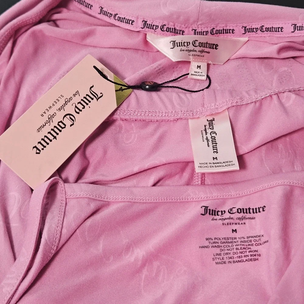 Juicy Couture Womens 3pc Pajama Set Pink Robe Cami‎ Shorts Rhinestone Logo M NEW